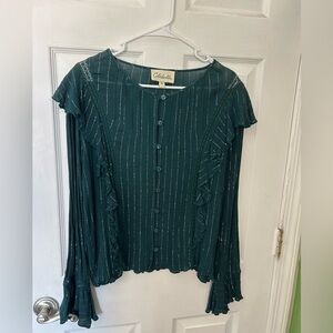 Cleobella Emerald Green Long Sleeve Metallic Striped Ruffle Blouse Size Medium
